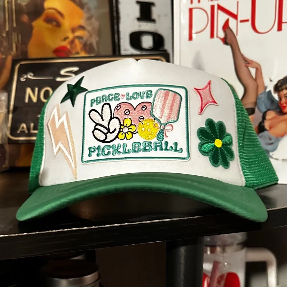 Green & White Peace Love Pickleball Trucker Hat